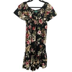 Vintage Jade Fashions made in Hawaii tropical floral dress ruffle collar size XL